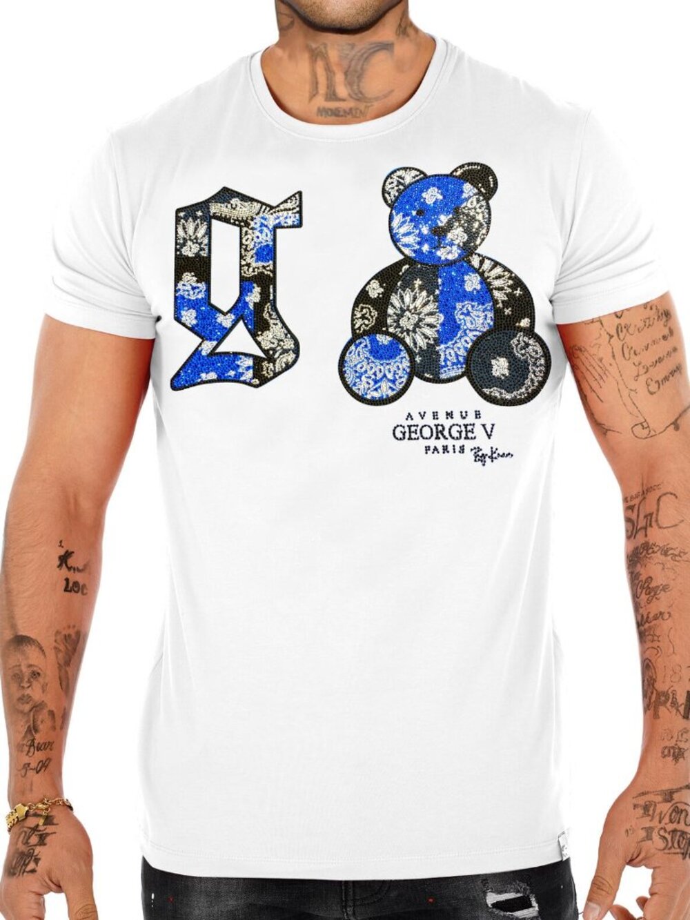 Avenue George V Paris T-Shirt Men's White Short Sleeve Rhinestone Teddy Bear